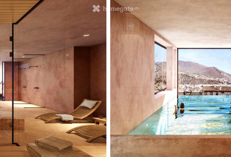 Spa area with wooden lounge chairs, towels, and a swimming pool overlooking a scenic mountain view.