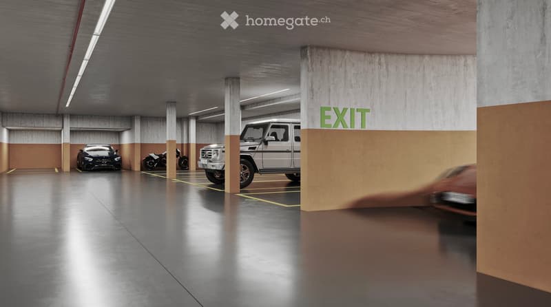 Underground parking area with several parked vehicles, including a white SUV, a black car, and a motorcycle. The space features concrete pillars, a polished concrete floor, and an 'EXIT' sign on the wall.