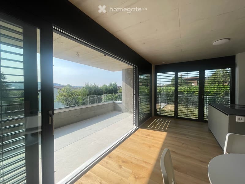 Modern interior with large glass doors leading to a balcony, wooden flooring, and a view of greenery outside.