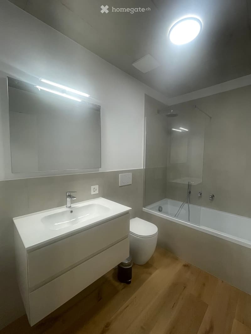 Modern bathroom with a white sink, mirror, toilet, and bathtub with a glass shower enclosure. The room features wooden flooring and sleek, contemporary fixtures.