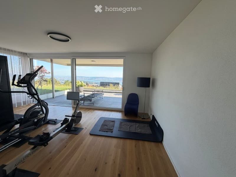 Well-lit room with wooden flooring, large windows offering a scenic view, exercise bike, elliptical machine, a small chair, and a floor lamp.