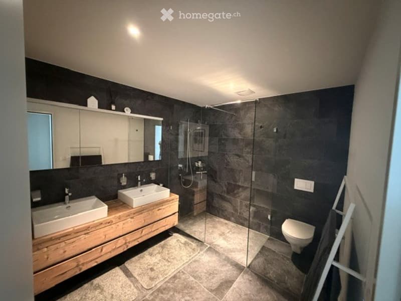 Modern bathroom with dark grey tiles, double sink vanity, large mirror, and glass-enclosed shower.