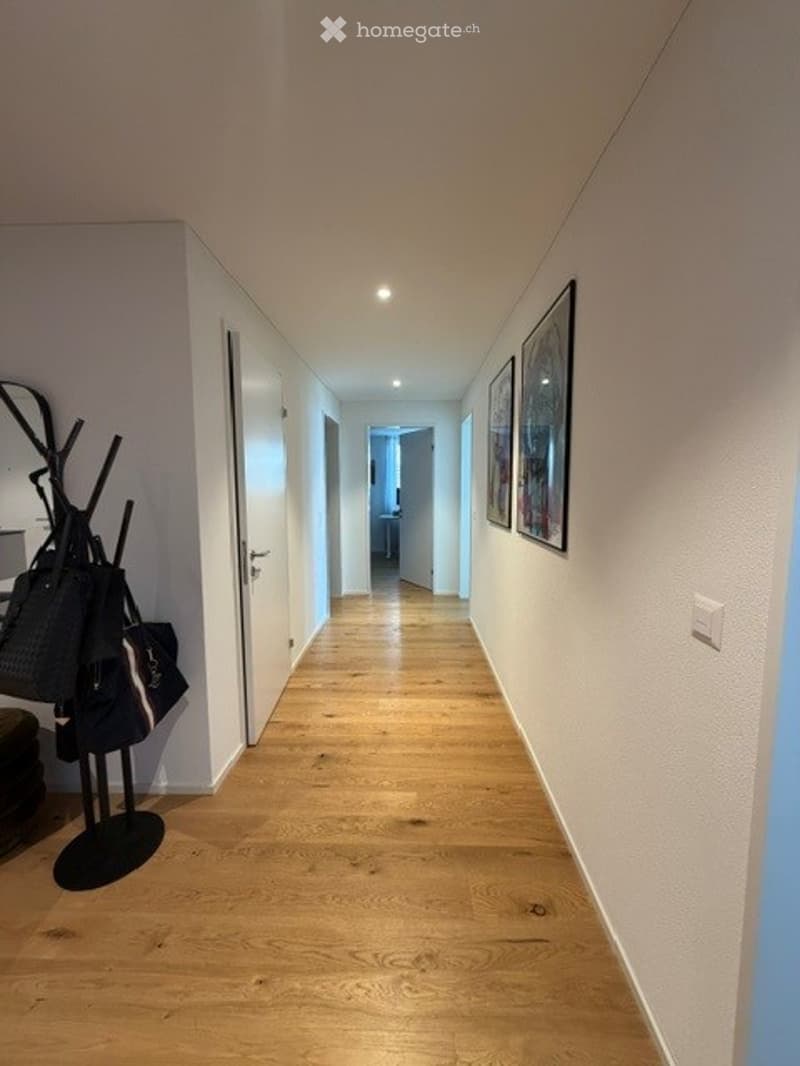 A narrow hallway with light wooden flooring, white walls, and recessed ceiling lights. A coat rack with bags is visible on the left side, and framed artwork hangs on the right wall.