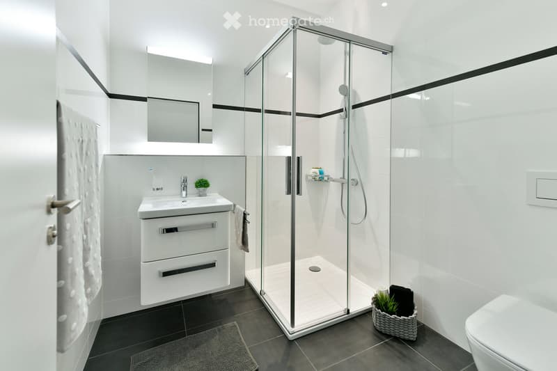 Modern bathroom with white tiles, a glass-enclosed shower, a sink with a mirror, and a toilet. Features include a towel, small plant, and a woven basket with items.