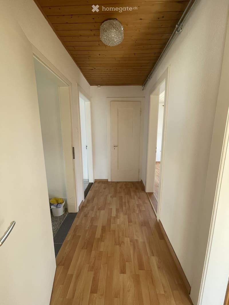 A long, narrow hallway with wooden flooring, white walls, and several doors leading to different rooms. The ceiling features exposed wooden beams and a modern chandelier.