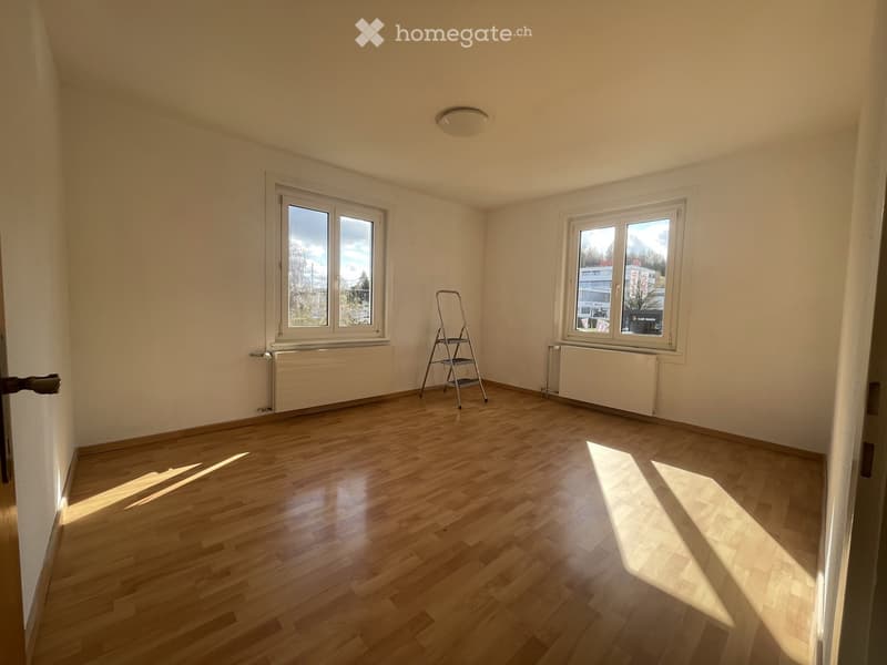 Empty room with wooden flooring, white walls, two windows, radiators, and a small ladder in the center.