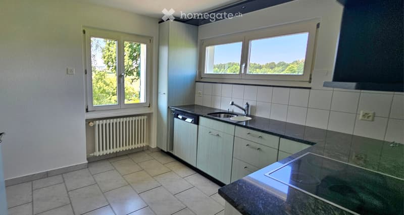 Modern kitchen with light grey cabinets, tiled floor, and a large window overlooking greenery. Features a sink, faucet, and dishwasher.