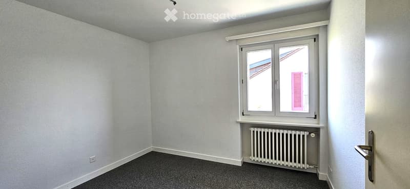 Empty room with light grey walls, carpeted floor, a window with white frame, radiator below the window, and a door with silver handle.