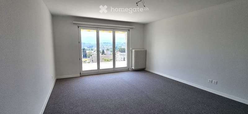 Empty room with grey walls, carpeted floor, large sliding glass door leading to a balcony, radiator, and electrical outlets.