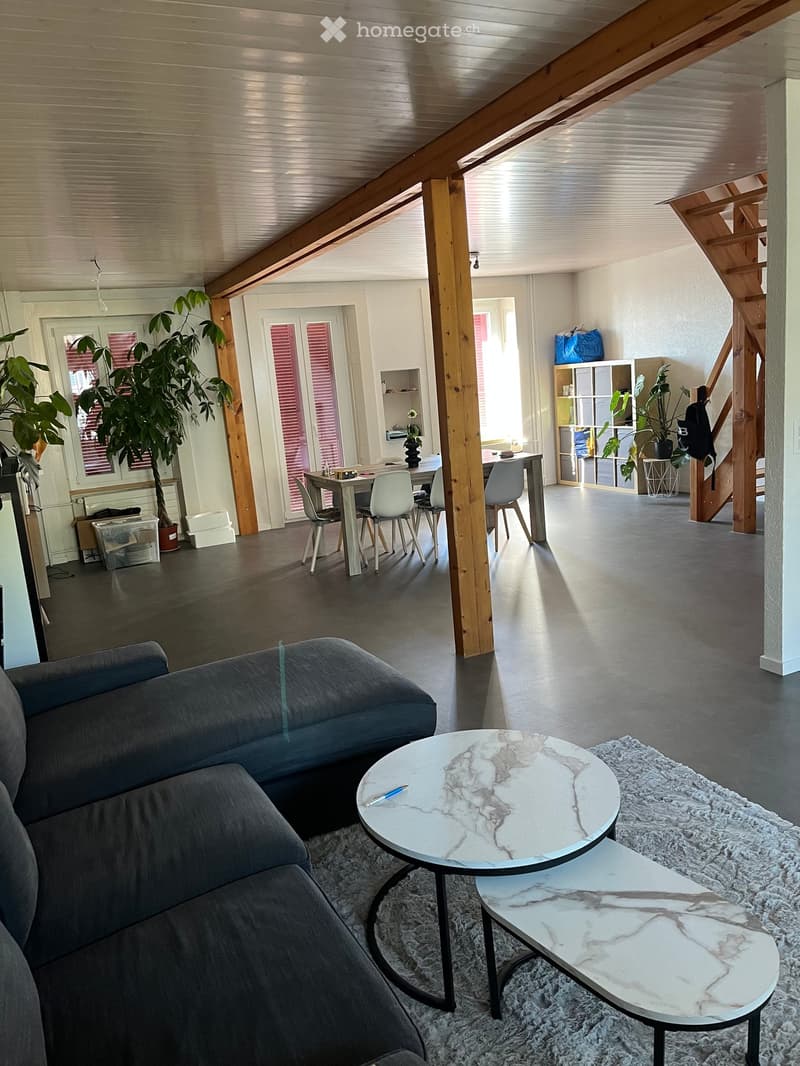 Open-plan living and dining area with exposed wooden beams, grey sofa, marble coffee table, dining table with chairs, and shelving unit with plants.
