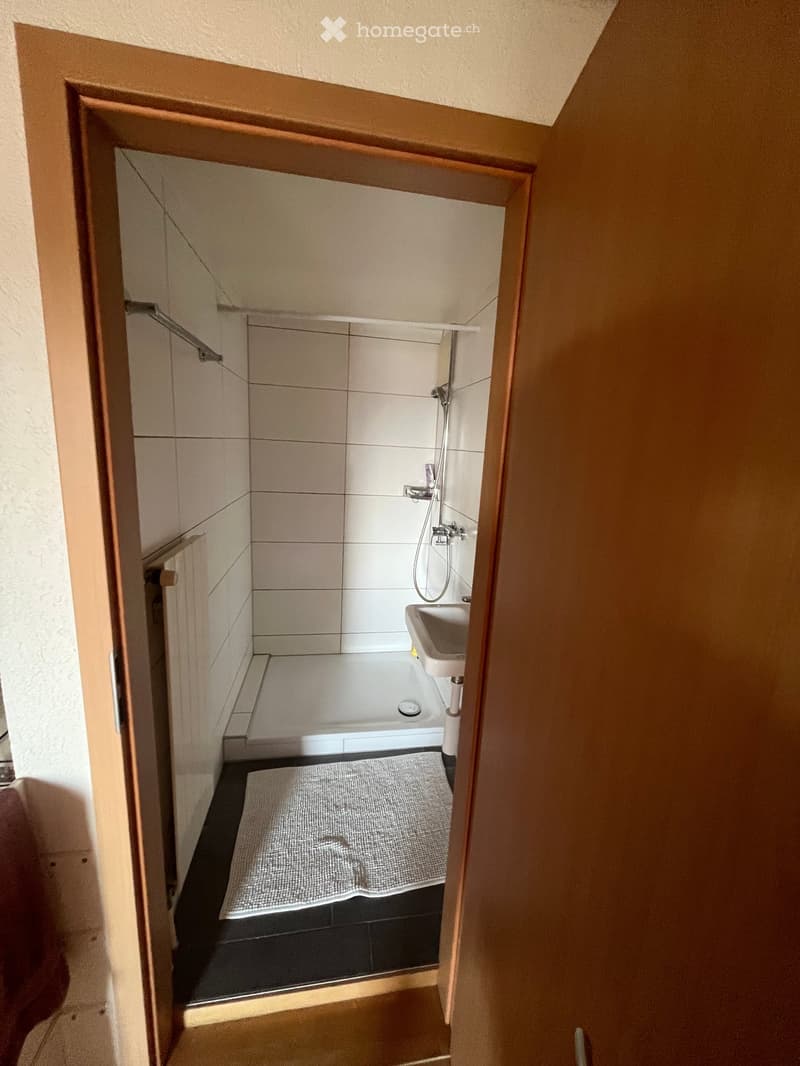Small bathroom with a shower, sink, and a bathroom mat on the floor.