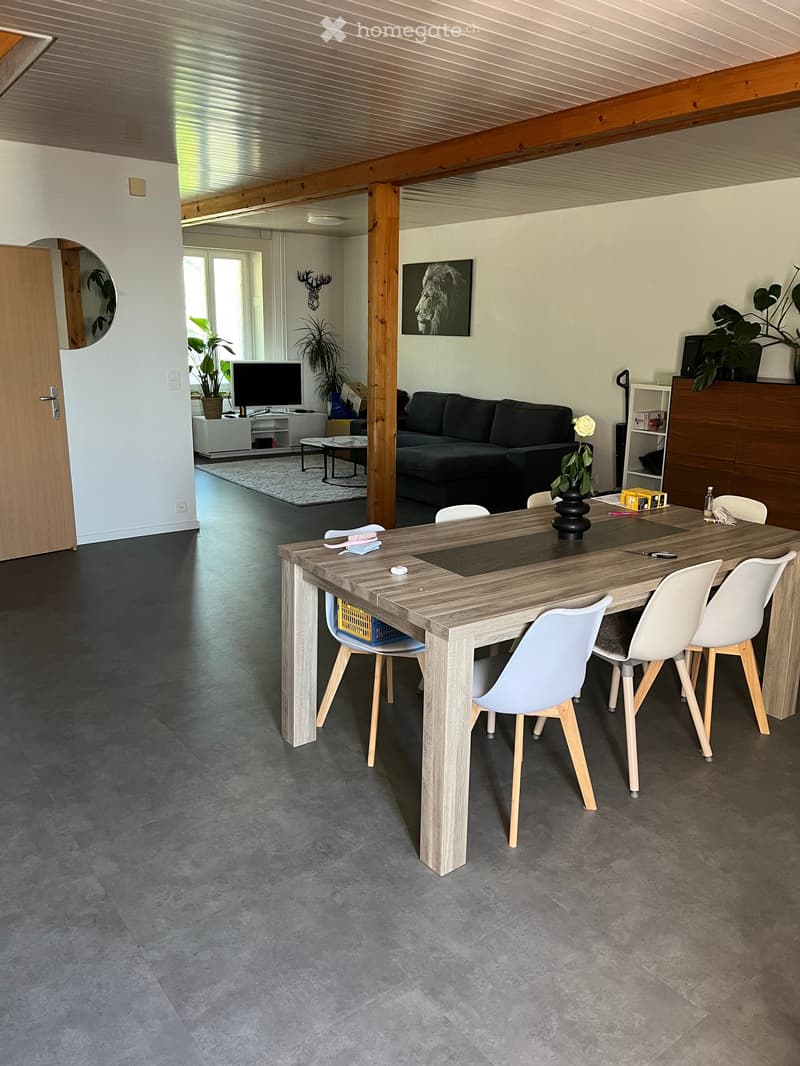 Modern living and dining area with a grey sofa, wooden dining table with white chairs, TV, and plants.