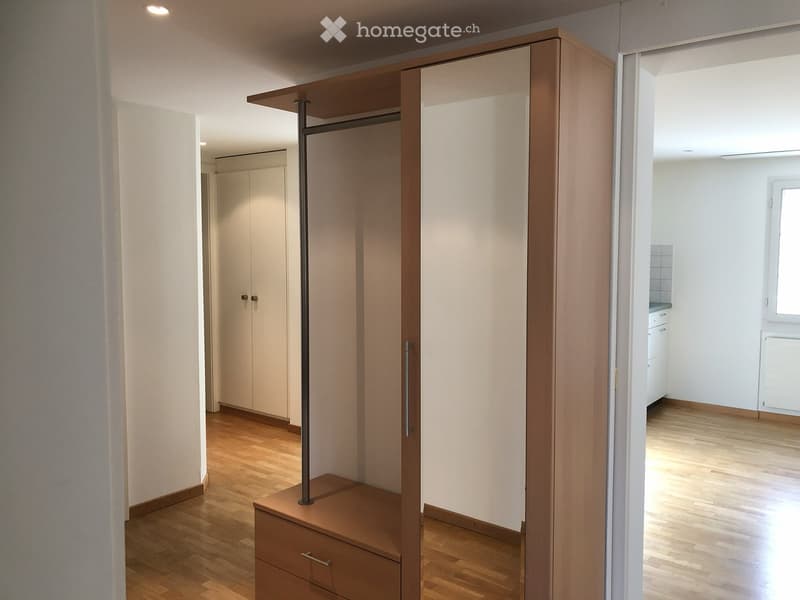 wooden wardrobe with glass doors, white walls, wooden floor, open door to another room