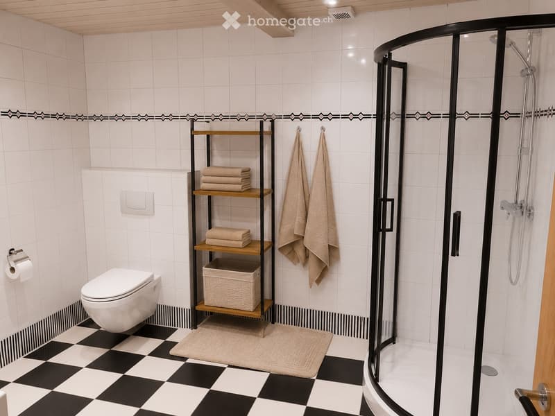 Modern bathroom with white tiles, black and white checkered floor, a toilet, a glass-enclosed shower, wooden shelves holding towels and folded blankets, and a beige bath mat.