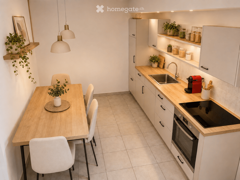 Modern kitchen with white cabinets, wooden countertops, and built-in appliances. Includes a dining table with chairs, pendant lights, and decorative plants.