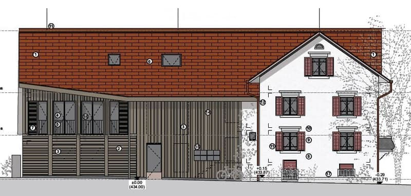 Architectural floor plan of a multi-level building with labeled rooms and dimensions, including a garage, living area, and multiple bedrooms.
