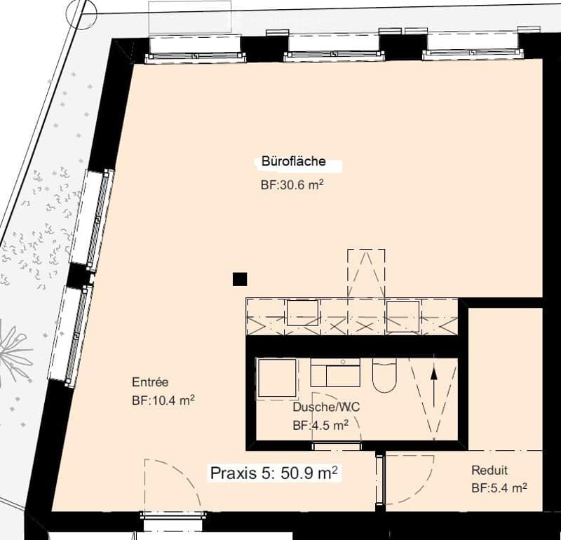 Floor plan showing a layout with a main office area (30.6 m²), an entrance (10.4 m²), a practice room (50.9 m²), a shower/WC (4.5 m²), and a break room (5.4 m²).
