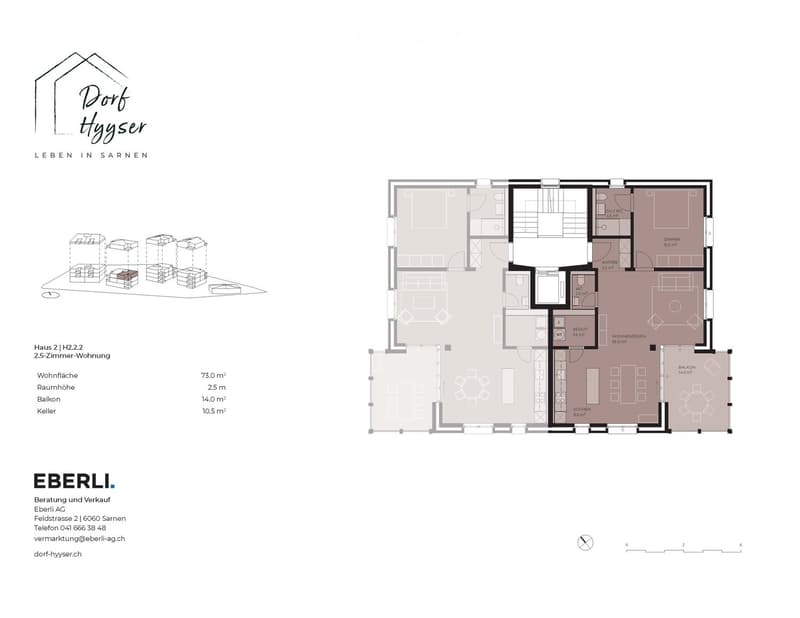 Floor plan of a 2.5-room apartment with living area, kitchen, bedroom, bathroom, entrance, and balcony.