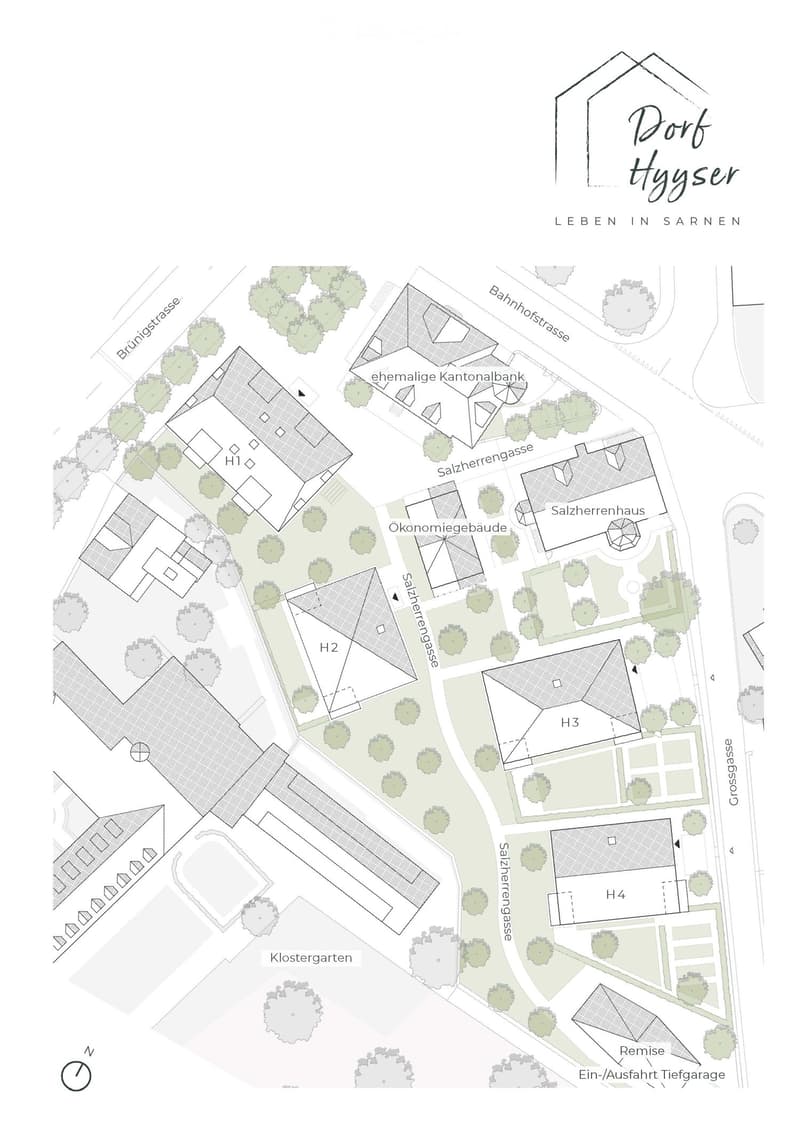 Floor plan of Dorf Hysser, showing buildings labeled H1 to H4, streets, and green spaces.