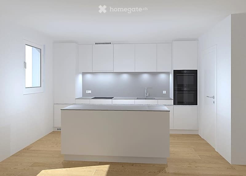 Modern, minimalist kitchen with white cabinets, a central island, and built-in appliances including an oven and sink.