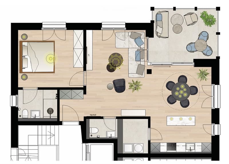 Floor plan of a modern apartment featuring a living room, dining area, kitchen, bedroom, and bathroom. Includes a balcony and parking space.