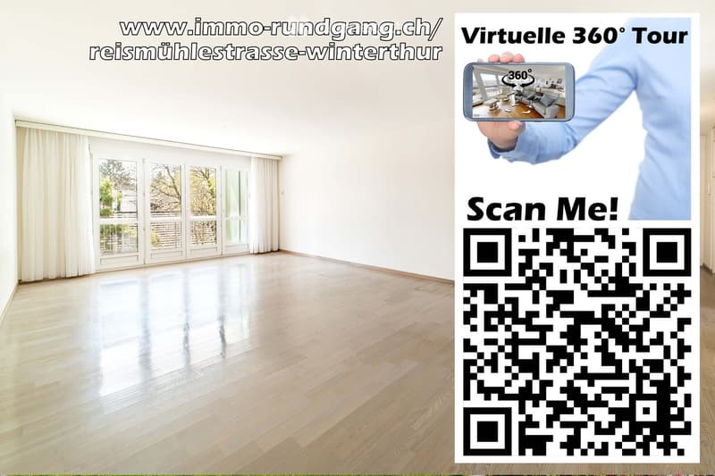 Empty room with wooden flooring, large windows with white curtains, and a QR code poster on the right side.