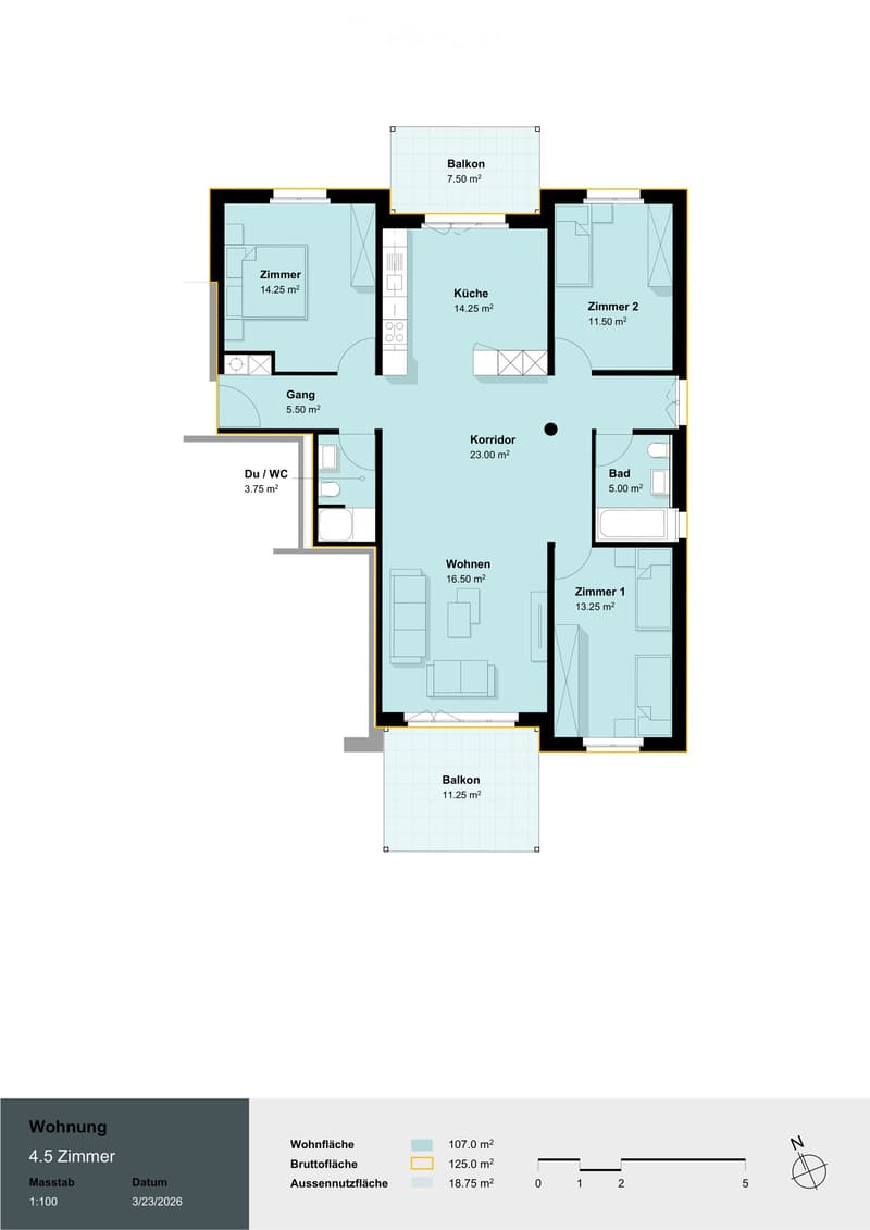 Floor plan of a 4.5-room apartment with living area, kitchen, two bedrooms, bathroom, hallway, and two balconies.