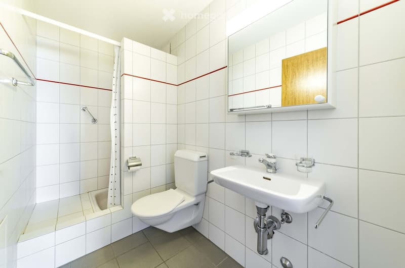 Modern bathroom with white tiles, a toilet, a sink with a mirror, and a shower area with a glass door.