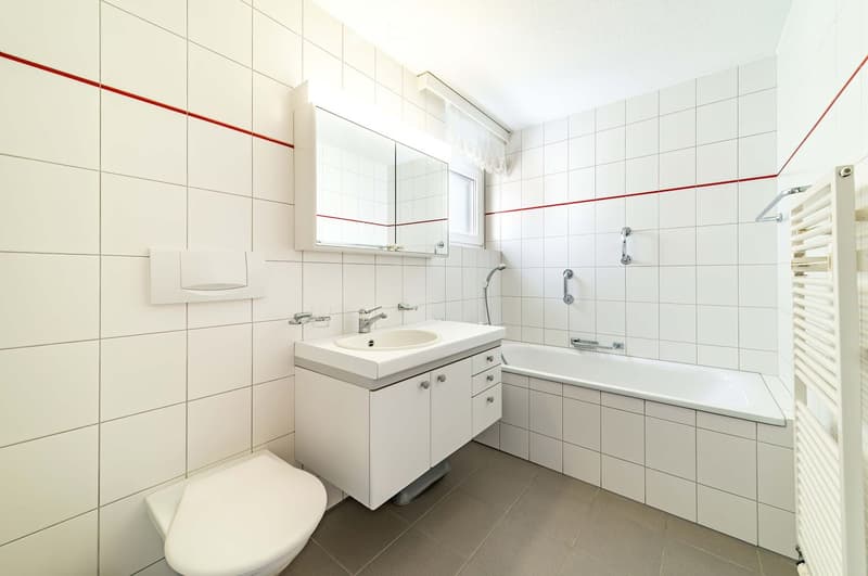 Modern bathroom with white tiles, a toilet, a sink with a mirror, a bathtub, and a radiator. The walls are tiled in white with a red accent line, and the floor is tiled in gray.