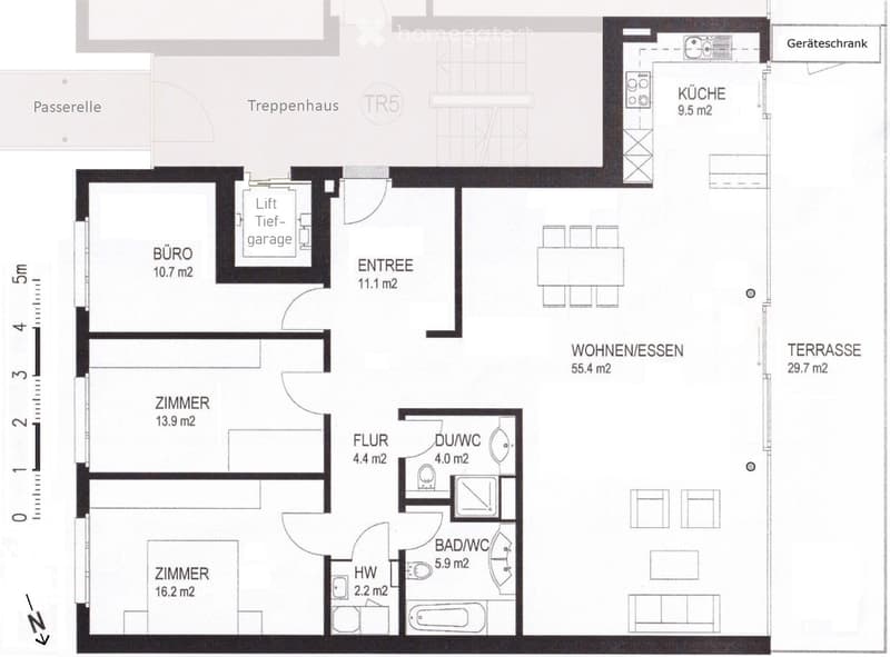Floor plan showing a 55.4 m² living/dining area,9.5 m² kitchen, 16.2 m² bedroom, 13.9 m² bedroom, 10.7 m² office, 11.1 m² entrance, 29.7 m² terrace, 4.0 m² bathroom/WC, 5.9 m² bathroom/WC, 2.2 m² hallway, 4.4 m² floor, and a lift to the garage.