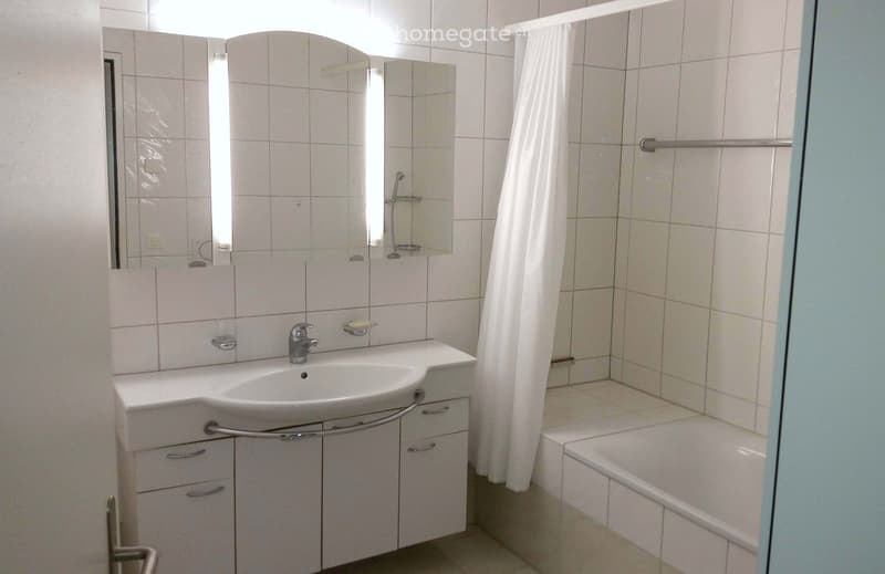 Bathroom with a white tiled wall, a sink with a cabinet below, a mirror above the sink, and a bathtub with a white curtain.