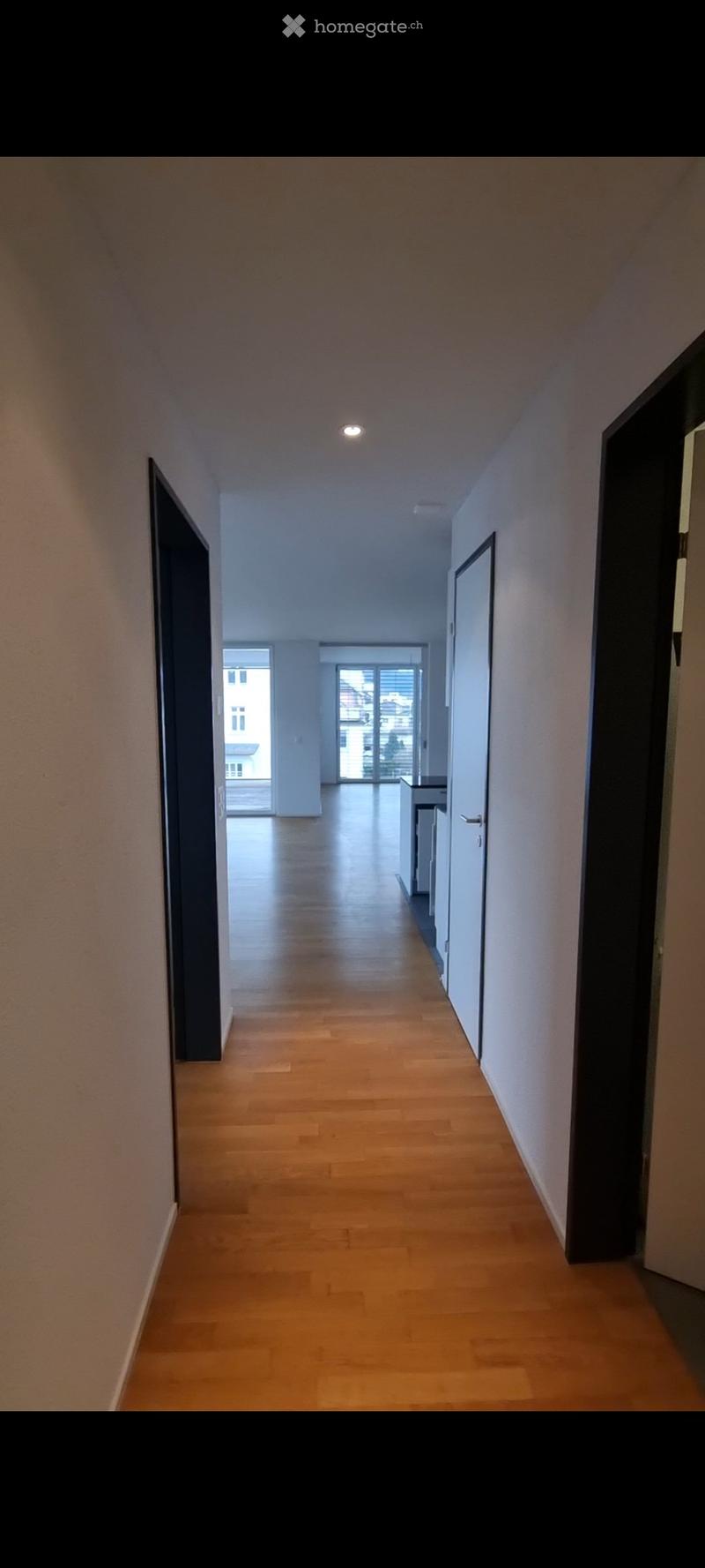 Empty hallway with wooden flooring, white walls, and recessed lighting. Doors and a window are visible at the end of the corridor.