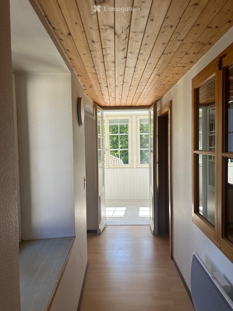 A long, narrow hallway with wooden flooring and exposed wooden ceiling beams. The walls are painted in a light neutral color, and there are several windows and doors leading to other rooms and outdoor areas.