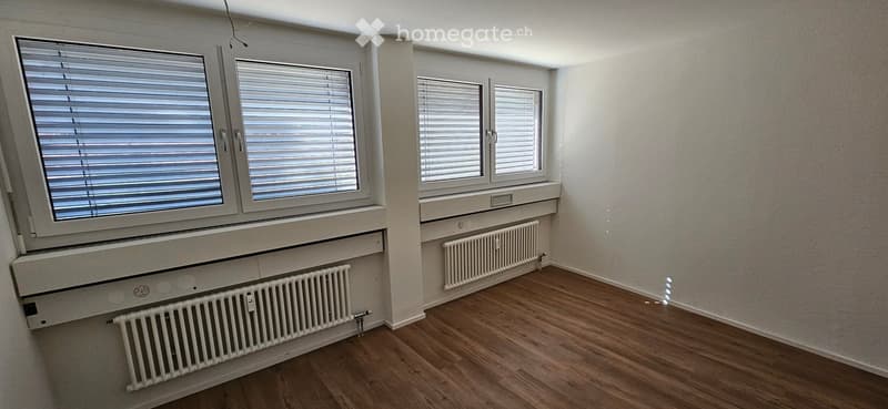 Empty room with wooden flooring, white walls, and multiple windows with blinds. Radiators are visible beneath the windows.