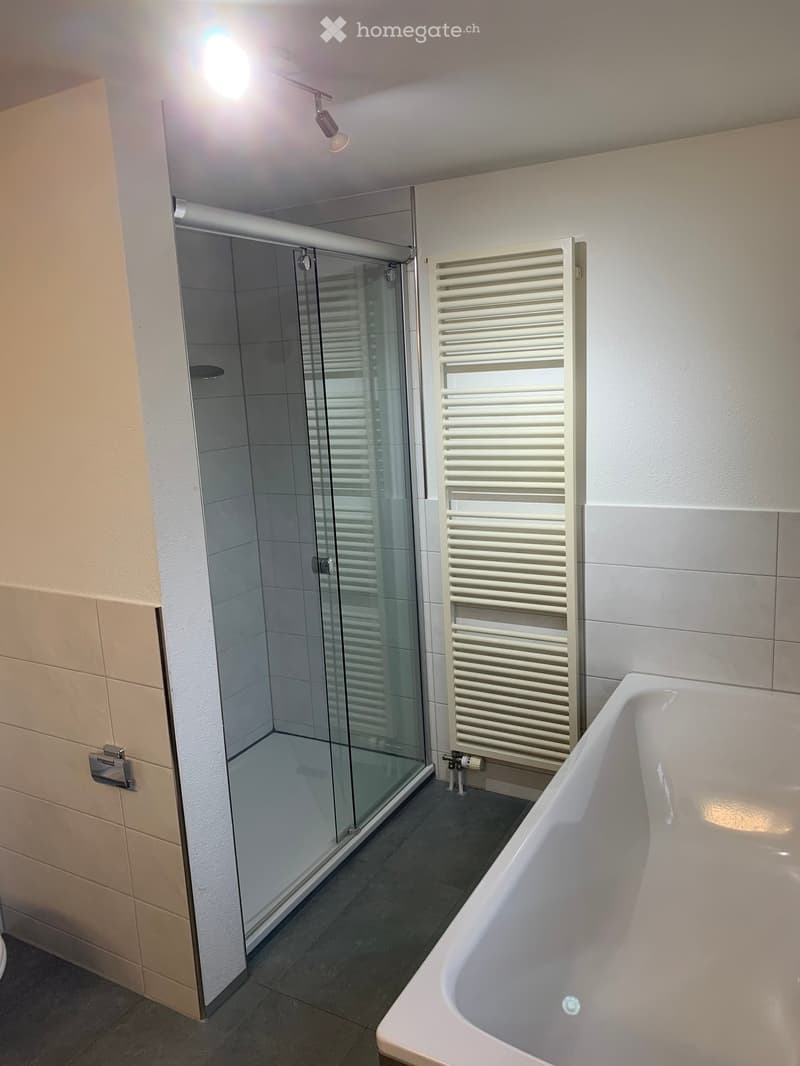 Modern bathroom with a bathtub, glass-enclosed shower, and a white radiator.
