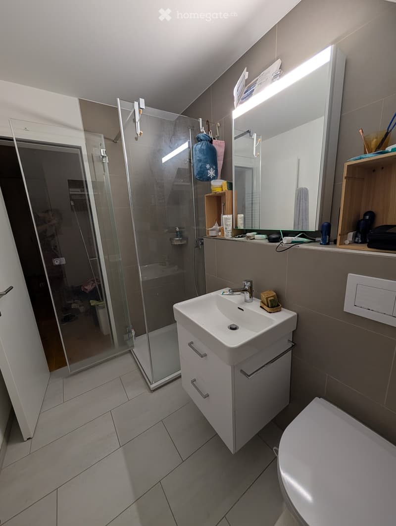 Modern bathroom with a white sink, mirror, toilet, and glass-enclosed shower. Grey tiles and white cabinetry.
