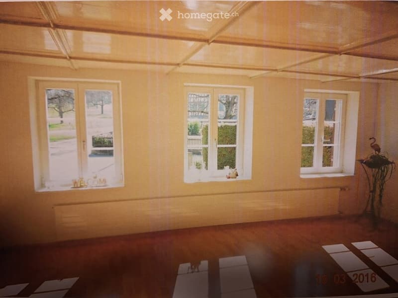 Empty room with light yellow walls, wooden floor, and multiple windows showing a view of the outside. No furniture or equipment is present.