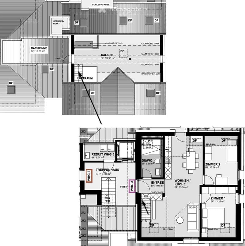 Floor plan of a multi-level building with labeled rooms including living space, kitchen, bedrooms, and utility areas.