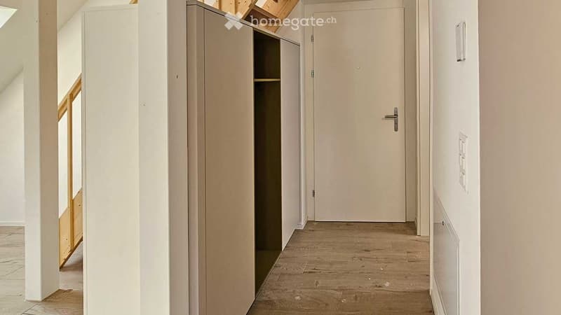 Bright hallway with wooden flooring, white walls, and a closed door at the end. A built-in closet is visible on the left side.