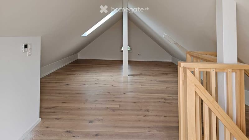 Empty attic space with wooden flooring, white walls, and skylight windows allowing natural light.