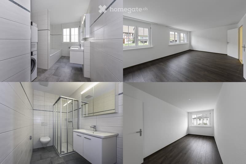modern, clean, bathroom with bathtub and glass shower, large mirror, laundry machine, white tiles