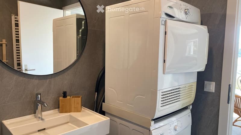 Sink, countertop, round mirror, appliances