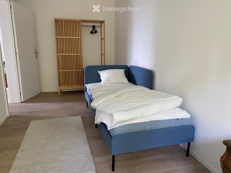single bed, wooden cabinet, wooden floor, white rug