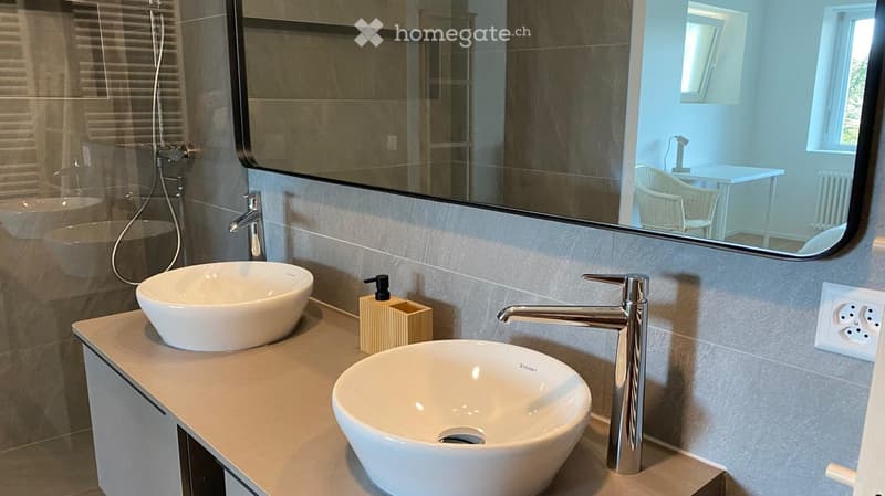 2 sinks with faucets, mirror, large power outlet, tile flooring, shower with hanging shower head, radiator