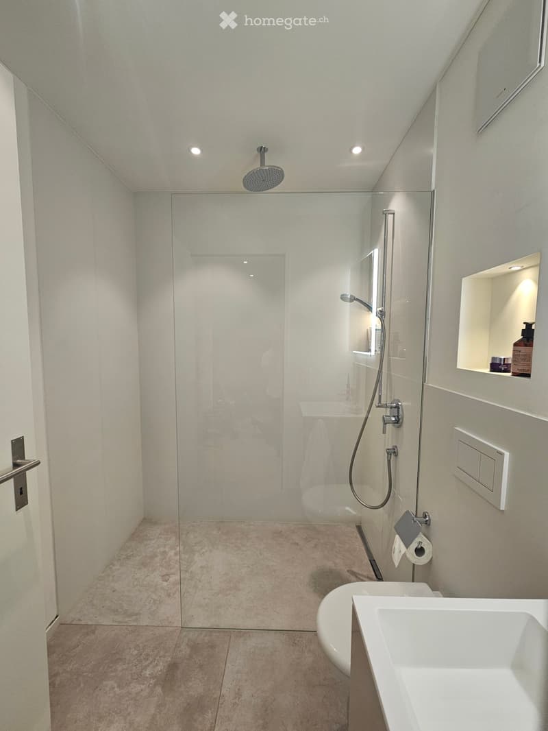 Modern bathroom with a glass-enclosed shower, bathtub, sink, and built-in shelf holding toiletries.