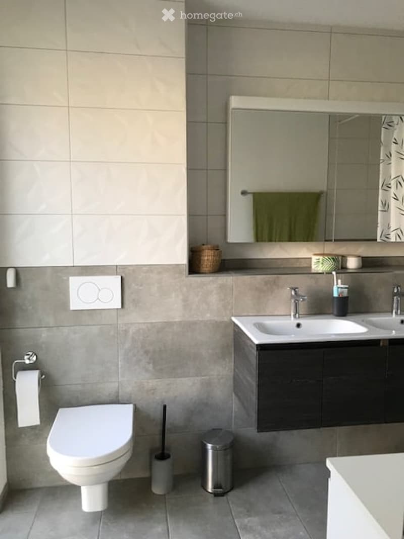 Modern bathroom with a white toilet, double sink vanity, large mirror, and tiled walls.