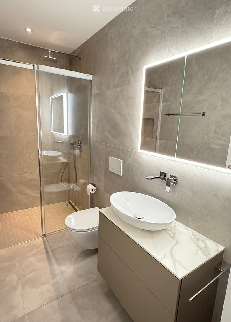 Modern bathroom with glass shower enclosure, white sink, silver faucet, and illuminated mirror