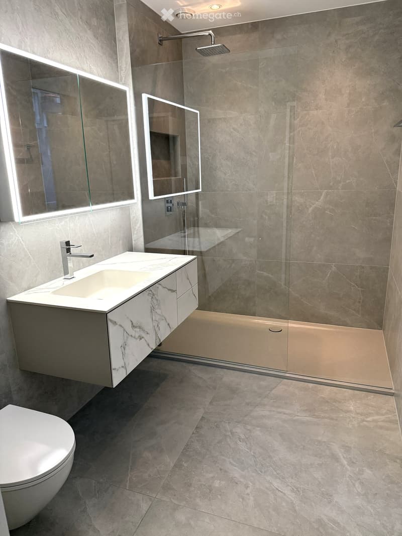 Contemporary bathroom with glass walk-in shower, large vanity, modern fixtures, marble flooring