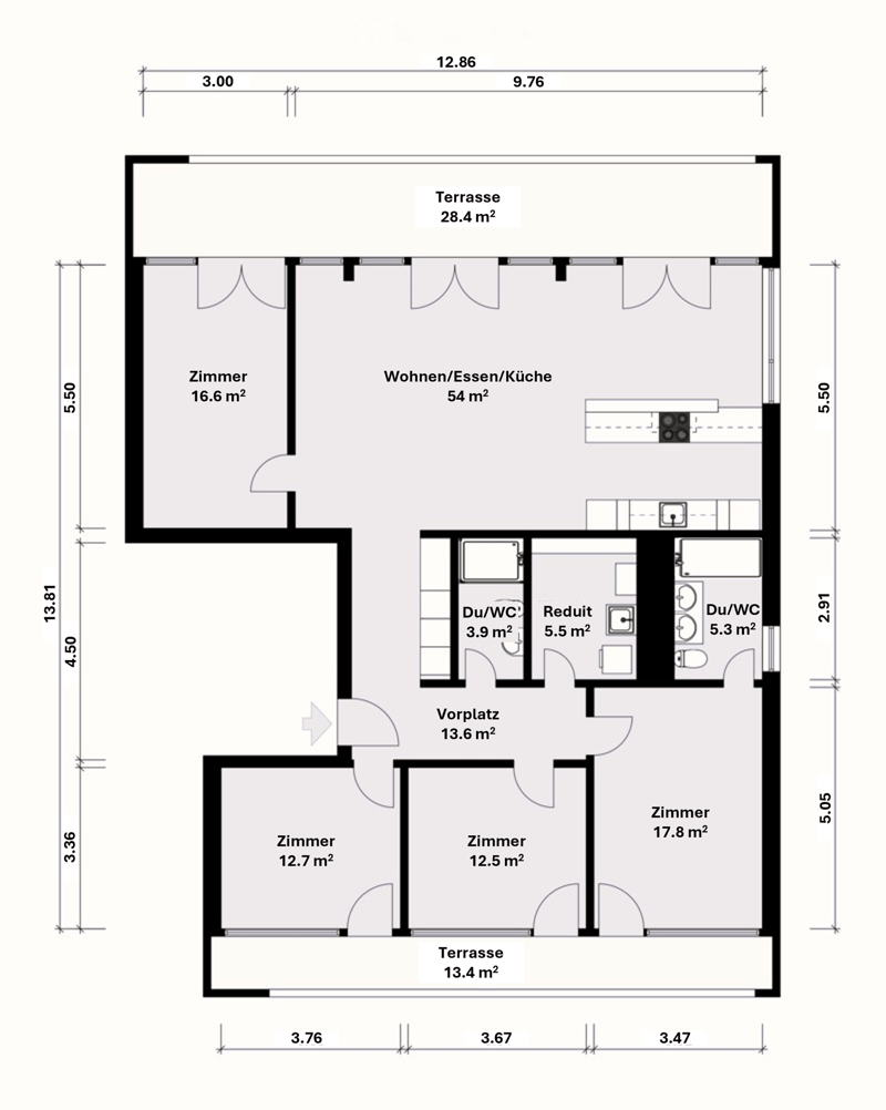 two bedrooms, living/dining/kitchen, bathroom, two toilets, two terraces