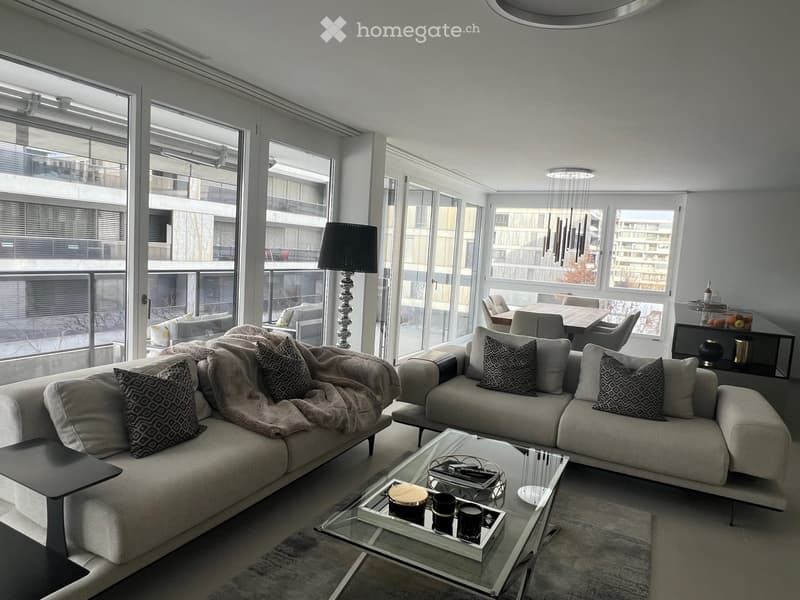 two couches, glass table, two lamp bases, dining table, two windows